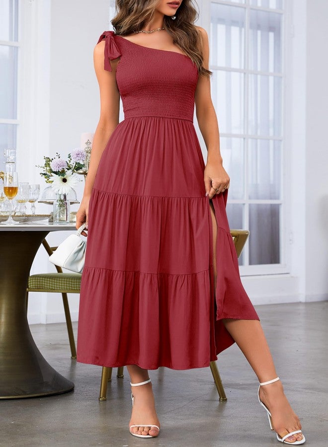 MEROKEETY Women's Summer One Shoulder Sleeveless Knot Smocked Midi Dress Split Tiered Flowy Dresses, Wine, S - Image 2